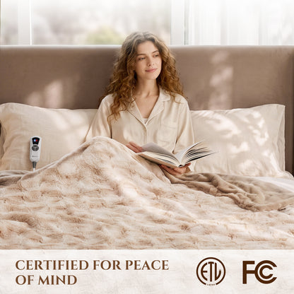 MARNUR Heated Blanket Full, Faux Fur Electric Blanket,6 Heating Levels, 10 Hours Timer, Machine Washable, 72"x84", Khaki