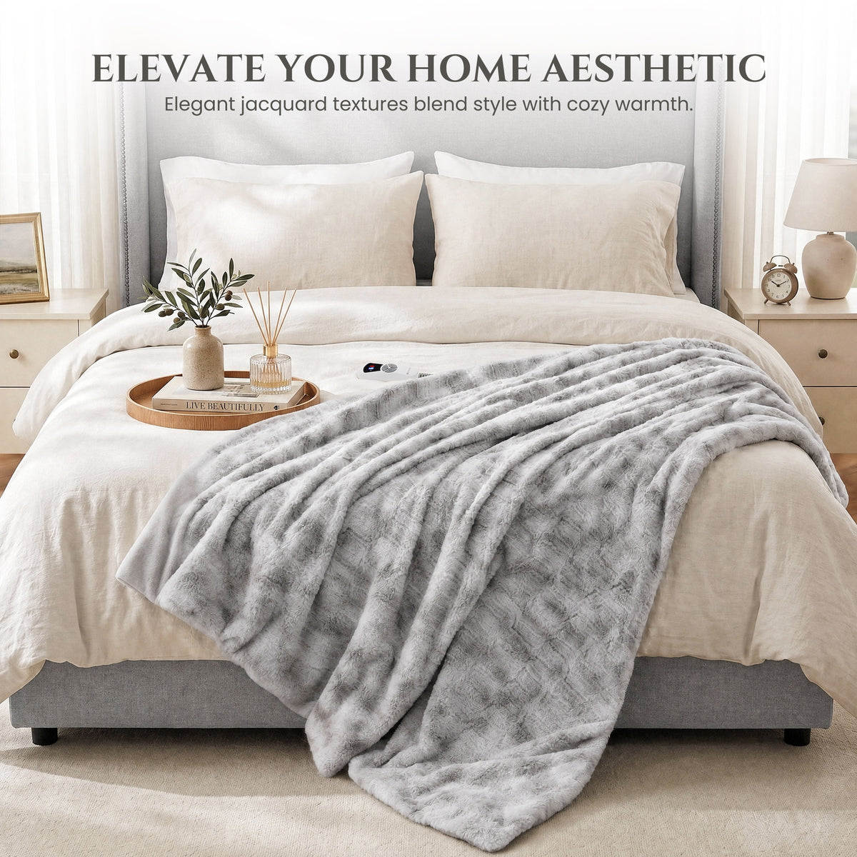 MARNUR Heated Blanket Full, Faux Fur Electric Blanket,6 Heating Levels, 10 Hours Timer, Machine Washable, 72"x84", Gray