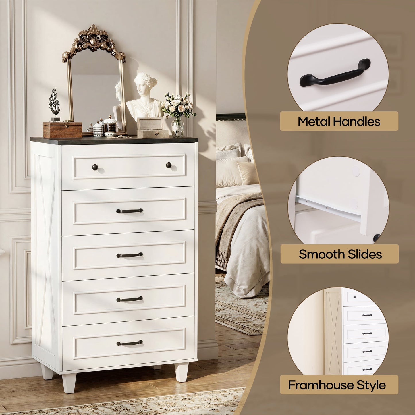 MARNUR 5 Drawer Dresser for Bedroom, Classic Farmhouse Tall Chest of Drawers, Storage Cabinet for Living Room Entryway, White & Black