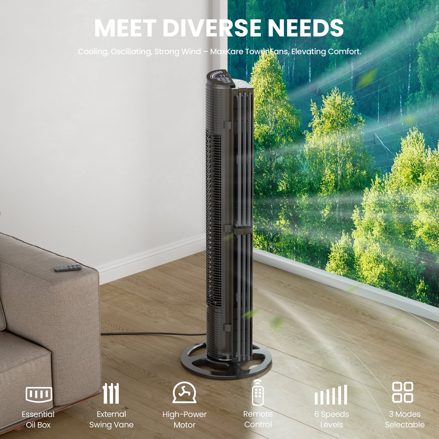 MaxKare 40in Tower Fan Cooling Fan with Remote Control, 6 Speeds, 3 Wind Modes, 15H Timer, Essential Oil Box - Black