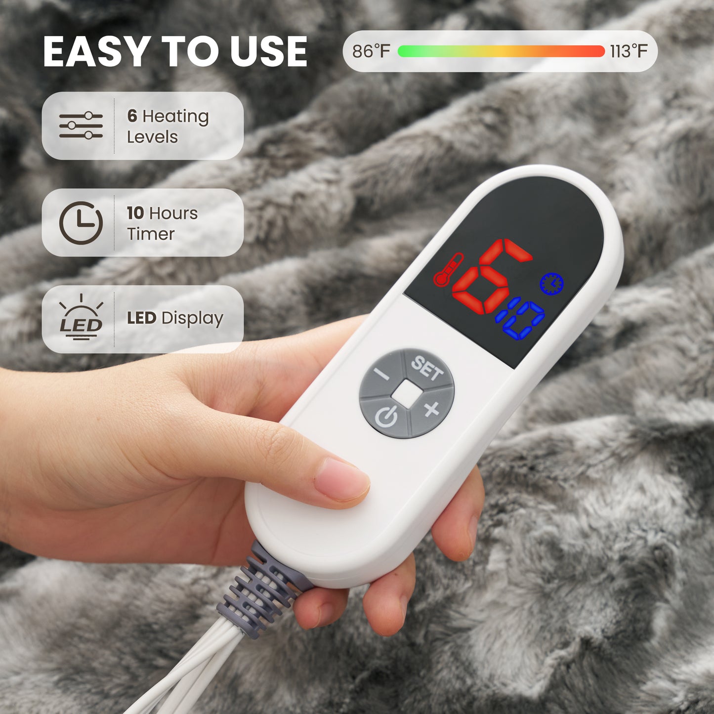 MARNUR Heated Blanket 72"x84" Faux Fur & Sherpa Electric Blanket with 6 Heat Levels, 10H Timer, LED Display, Machine Washable, Tie-Dye Gray
