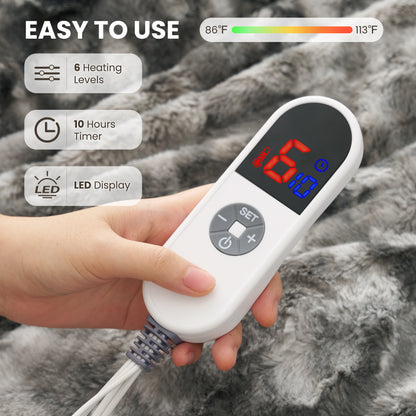 MARNUR Heated Blanket 72"x84" Faux Fur & Sherpa Electric Blanket with 6 Heat Levels, 10H Timer, LED Display, Machine Washable, Tie-Dye Gray