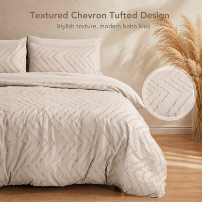 MARNUR Comforter Set Full Size, 7 Pieces Boho Tufted Bed in a Bag Prewashed Cotton-Like Soft Bedding Set with Comforter, Sheets, Pillowcases & Shams, Beige