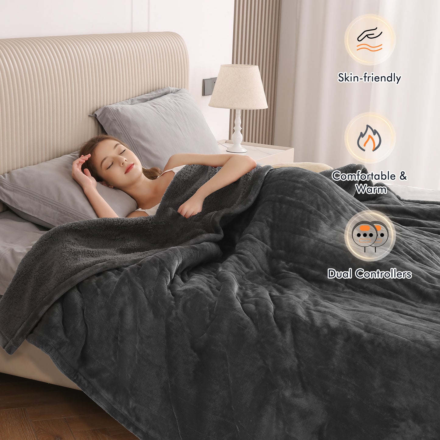 MARNUR Electric Heated Blanket Queen Size 84''x90'', Fast Heating with Dual Controllers, 10 Heating Levels, 10H Timers, Preheat Function Machine Washable - Gray