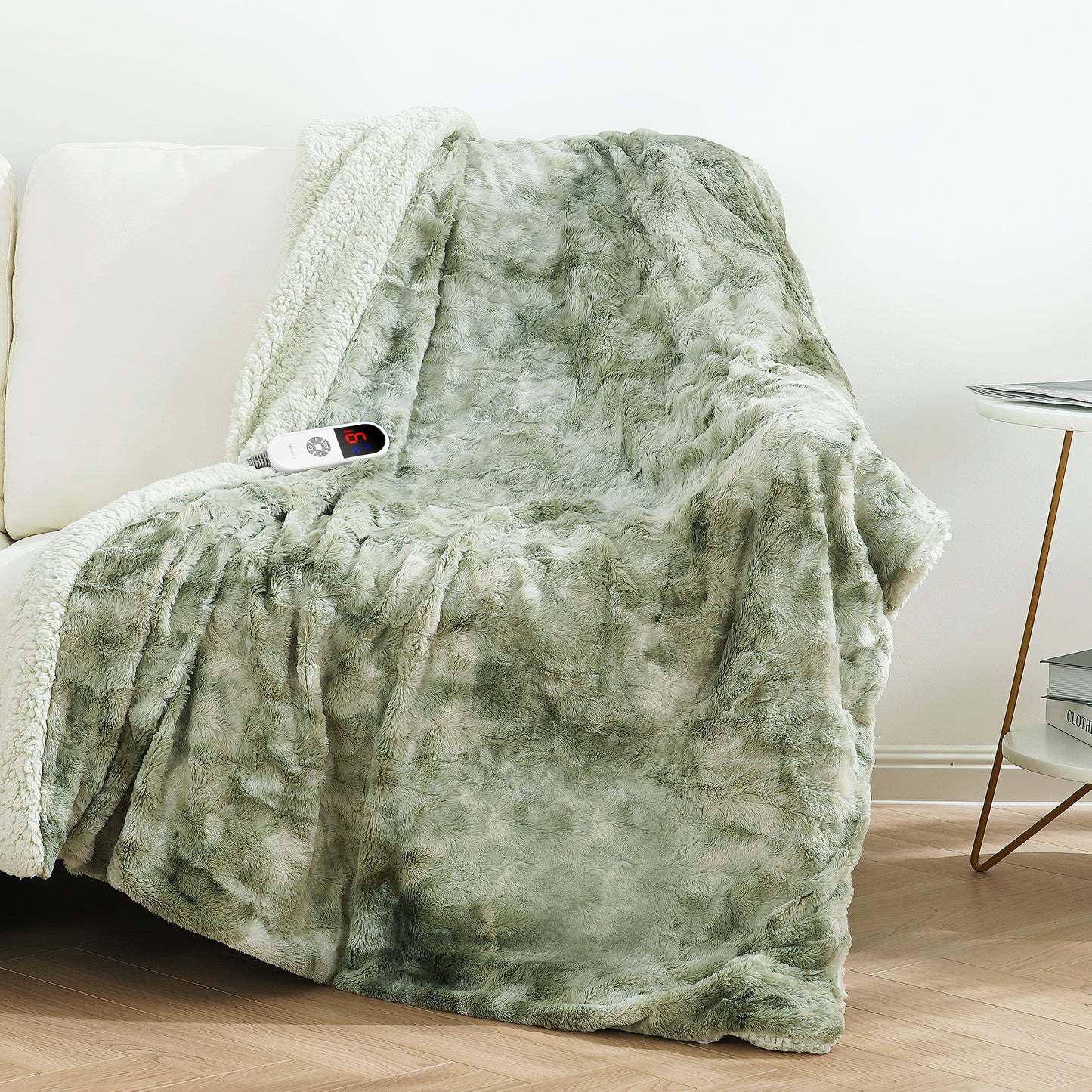 MARNUR Electric Throw Blanket 50" x 60", Soft Faux Fur Heated Blanket with Large LED Display, 6 Heating Levels, 4 Hours Timer, Machine Washable - Tie-dye Green
