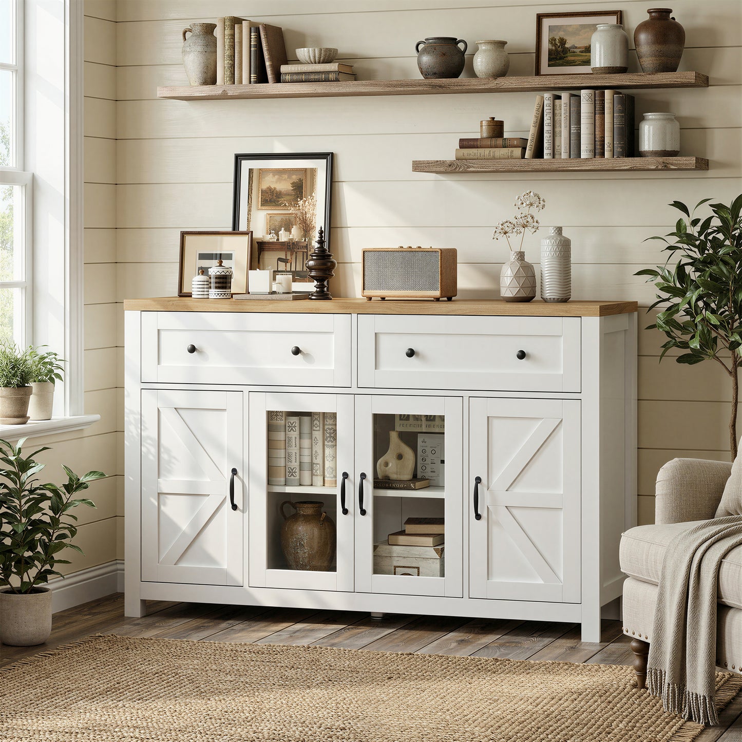 MARNUR Sideboard Buffet Cabinet Farmhouse Style, 55" Storage Cabinet with 2 Drawers 4 Doors, Adjustable Shelves for Kitchen Office Bedroom Hallway Entryway, Oak & White