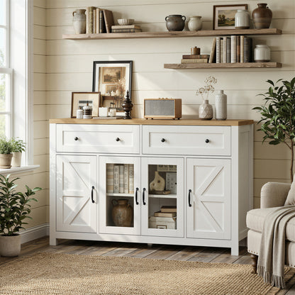 MARNUR Sideboard Buffet Cabinet Farmhouse Style, 55" Storage Cabinet with 2 Drawers 4 Doors, Adjustable Shelves for Kitchen Office Bedroom Hallway Entryway, Oak & White