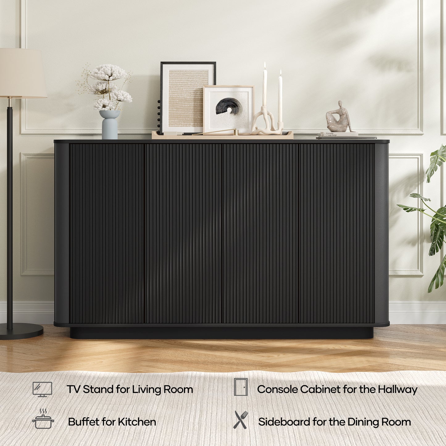 MARNUR Sideboard Buffet Cabinet, Storage Cabinet 55"W with Adjustable Shelves, Anti-Tip, Easy Clean Top, Stylish Wave Style, Black