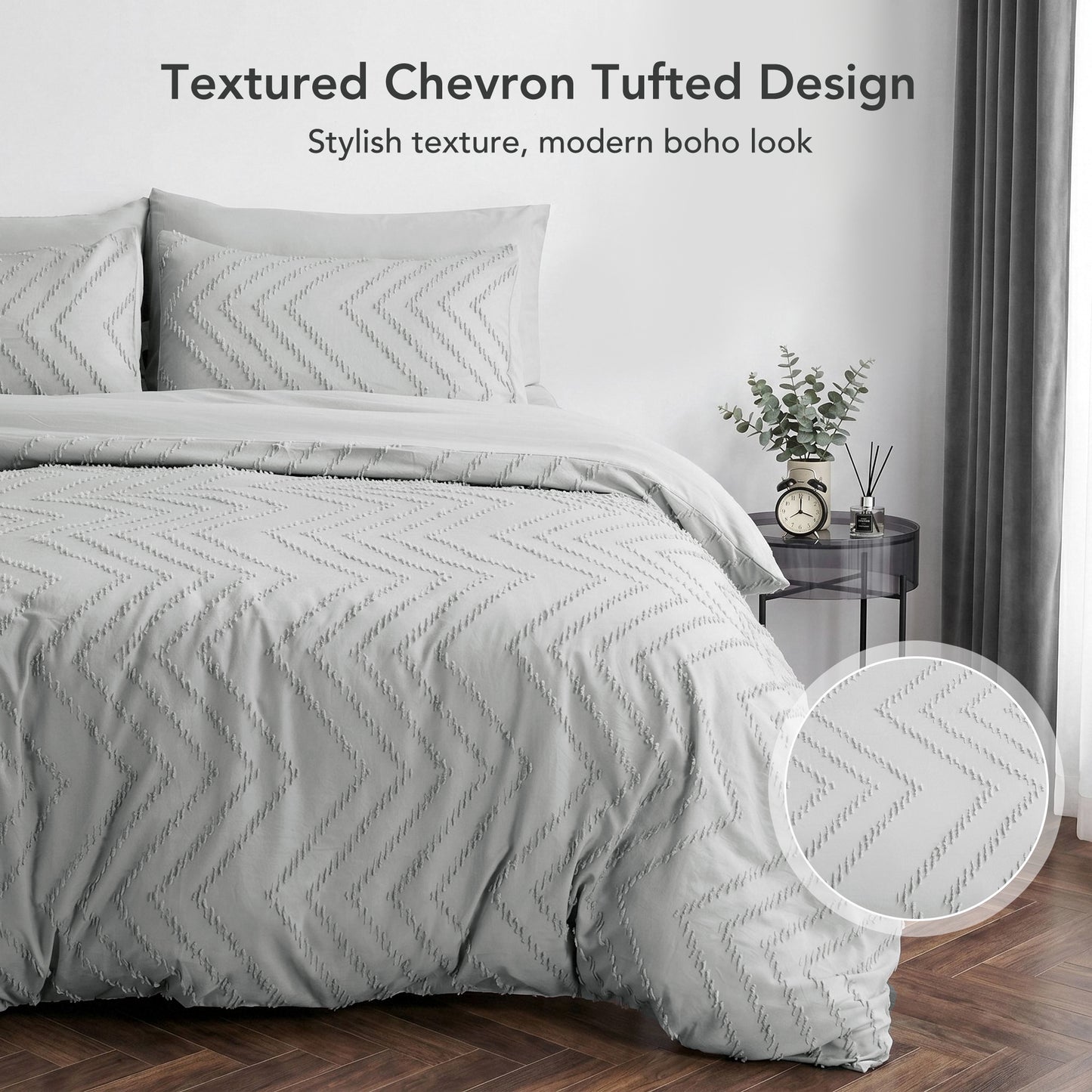 MARNUR Comforter Set Full Size, 7 Pieces Boho Tufted Bed in a Bag Prewashed Cotton-Like Soft Bedding Set with Comforter, Sheets, Pillowcases & Shams, Silver Grey
