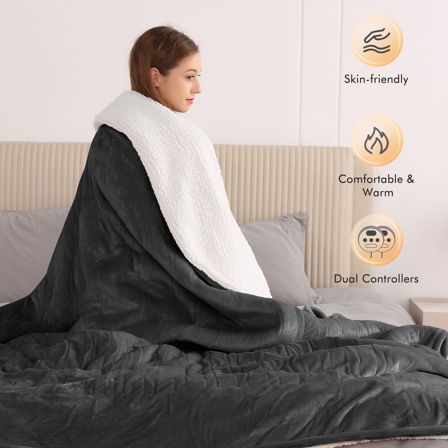 MARNUR Electric Heated Blanket King Size 90''x100'', Fast Heating with Dual Controllers, 10 Heating Levels, 10H Timers, Preheat Function Machine Washable - Dark Gray