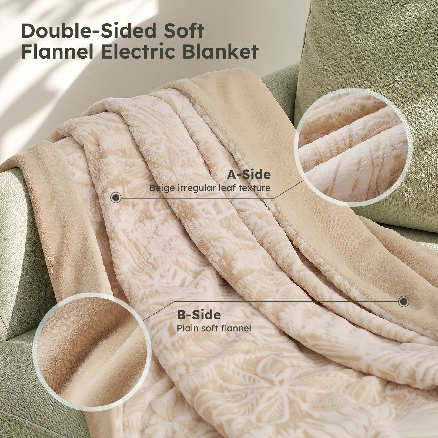MARUNR Flannel Heated Blanket Electric Throw 50"×60", Irregular Leaf Pattern Heated Throw, 6 Heating Levels and 4H Timer, Machine Washable for Sofa, Office, Home Use, Beige