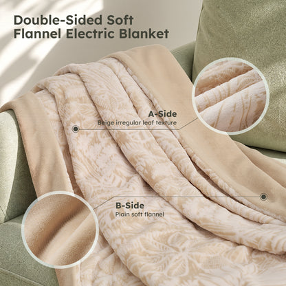 MARUNR Flannel Heated Blanket Electric Throw 50"×60", Irregular Leaf Pattern Heated Throw, 6 Heating Levels and 4H Timer, Machine Washable for Sofa, Office, Home Use, Beige
