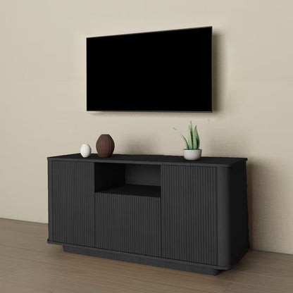 MARNUR Fluted TV Stand for 60" TV, Wood Entertainment Center for Living Room, Mid-Century, Black