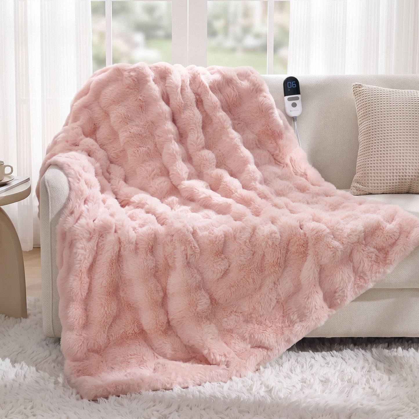 MARNUR Electric Throw Blanket 50"x60", Faux Fur Heated Throw, 6 Heating Levels, 4 Hours Timer - Pink