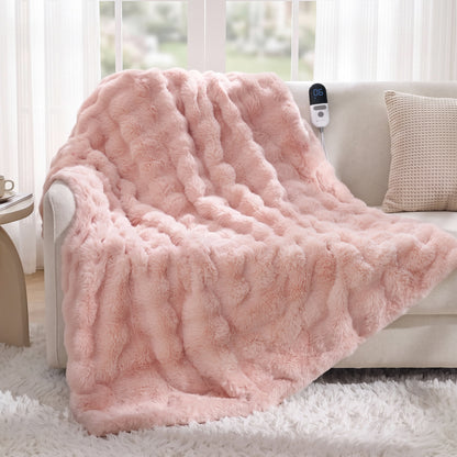 MARNUR Electric Throw Blanket 50"x60", Faux Fur Heated Throw, 6 Heating Levels, 4 Hours Timer - Pink