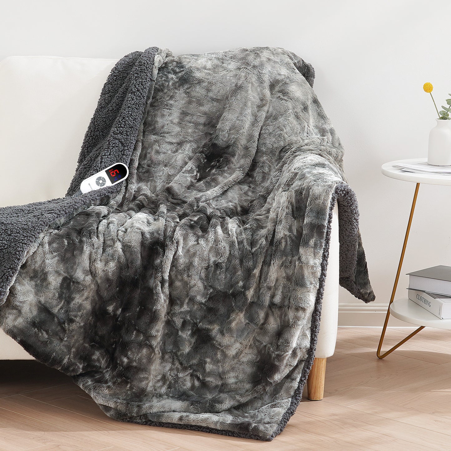 MARNUR Electric Throw Blanket 50" x 60", Soft Faux Fur Heated Blanket with Large LED Display, 6 Heating Levels, 4 Hours Timer, Machine Washable - Tie-dye Gray