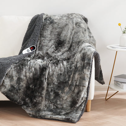 MARNUR Electric Throw Blanket 50" x 60", Soft Faux Fur Heated Blanket with Large LED Display, 6 Heating Levels, 4 Hours Timer, Machine Washable - Tie-dye Gray