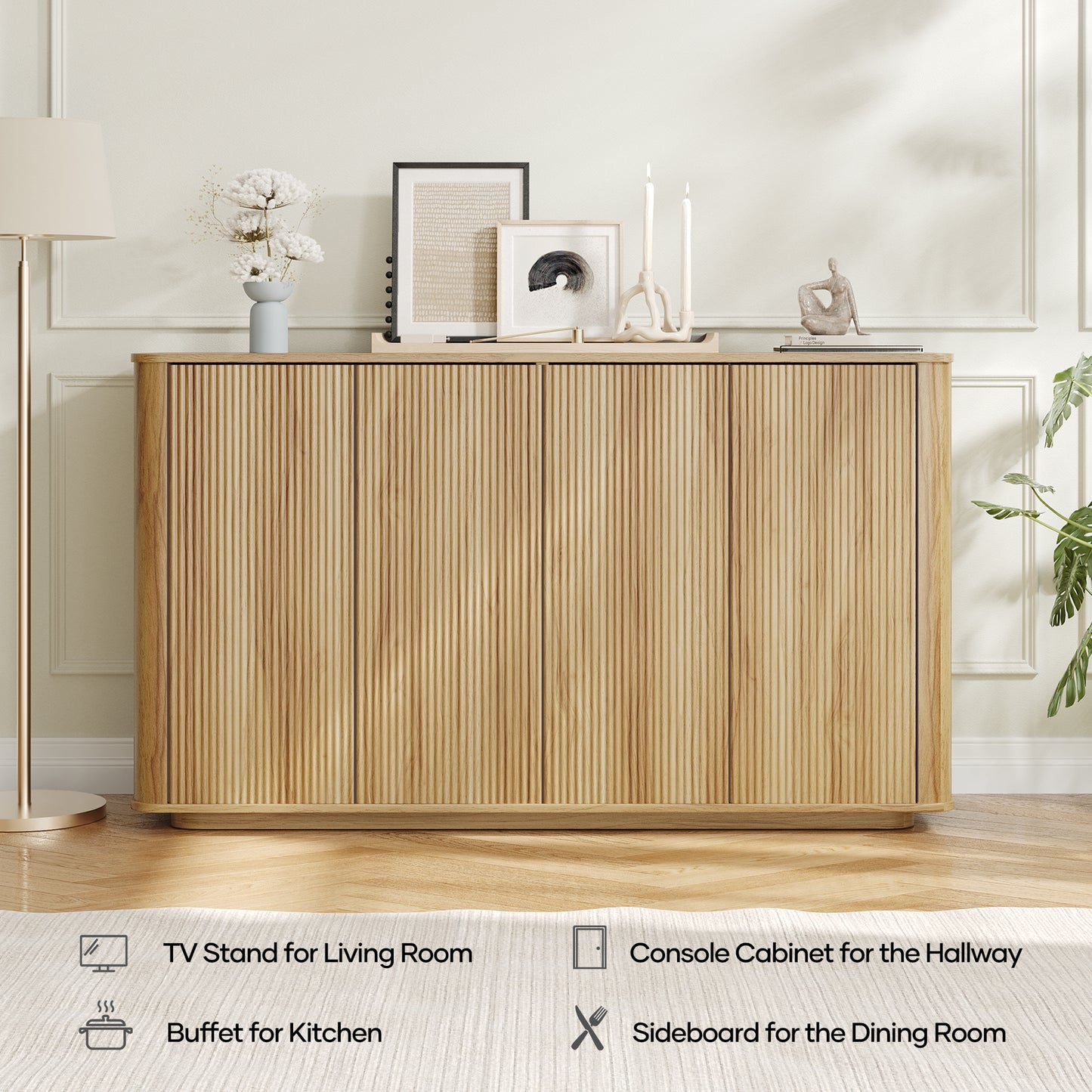 MARNUR Sideboard Buffet Cabinet, Storage Cabinet 55"W with Adjustable Shelves, Anti-Tip, Easy Clean Top, Stylish Wave Style, Oak