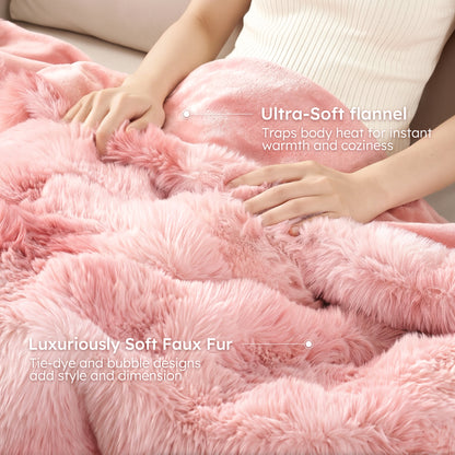 MARNUR Heated Blanket Bubble Fleece Electric Throw with 4H Timer 6 Heating Levels 50"×60", Long Faux Fur and Soft Flannel for Couch Bed, Machine Washable, Tie-Dye Pink