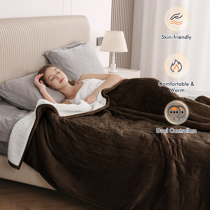 MARNUR Electric Heated Blanket Queen Size 84''x90'', Fast Heating with Dual Controllers, 10 Heating Levels, 10H Timers, Preheat Function Machine Washable - Brown