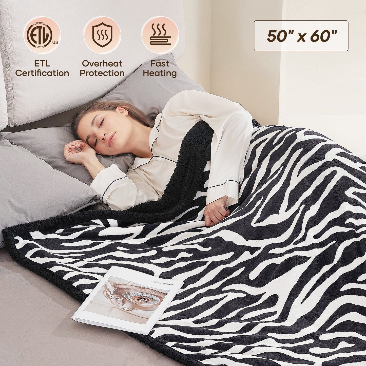 MARNUR Electric Throw Blanket 50" x 60", Soft Flannel, Large LED Display, 6 Heating Levels, 4 Hours Timer, Zebra Pattern