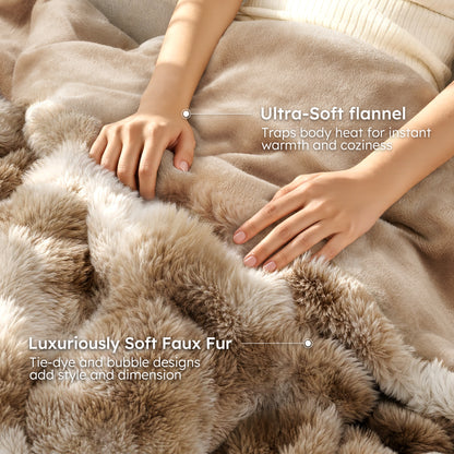 MARNUR Heated Bubble Fleece Electric Throw with 4H Timer 6 Heating Levels 50"×60", Long Faux Fur and Soft Flannel for Couch Bed, Machine Washable, Tie-Dye Brown