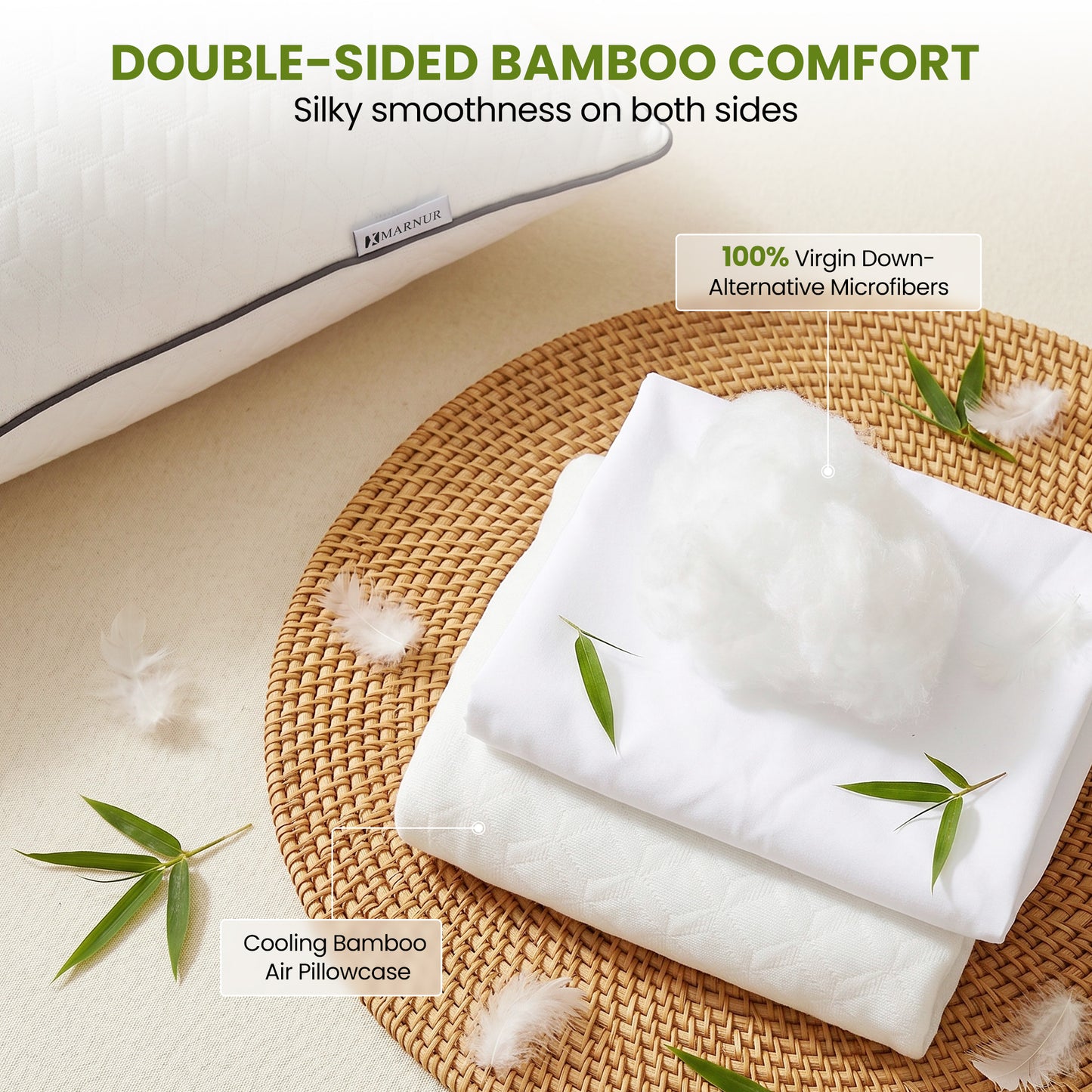 MARNUR Bed Pillows 2 Pack, Queen Size Cooling Pillow with Removable Bamboo Cover, Luxury Hotel Collection Down Alternative Pillows for Bed, 19"x29"