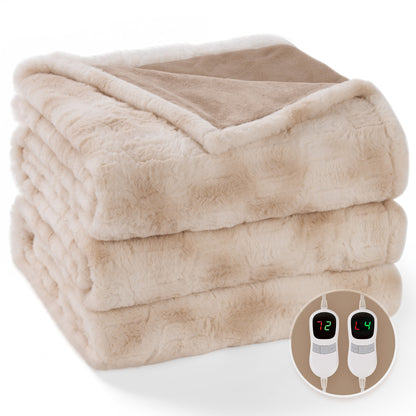 MARNUR Electric Blanket Faux Fur King Size 90"x100", Fast Heating with Dual Controllers,10 Heating Levels, 10 Hours Timer, Khaki