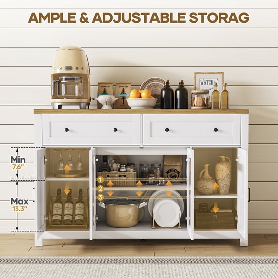 MARNUR Buffet Cabinet Farmhouse Style, 55" Storage Cabinet with 2 Drawers 4 Doors, Adjustable Shelves for Kitchen Office Bedroom Hallway Entryway, Oak & White