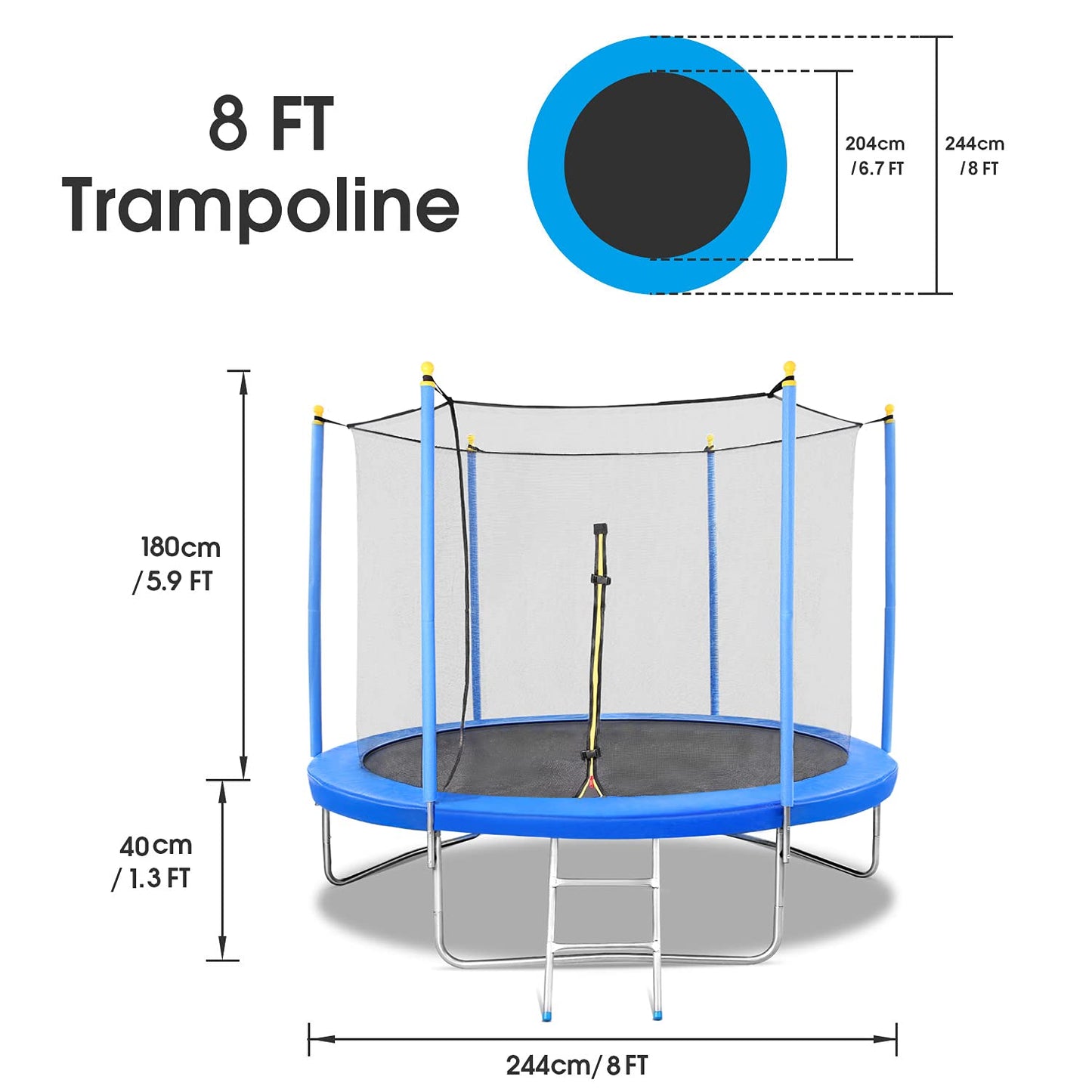 MARNUR 8 FT Trampoline for Kids Outdoor Fitness Trampoline with Enclosure Net, Spring Cover, Ladder for Kids