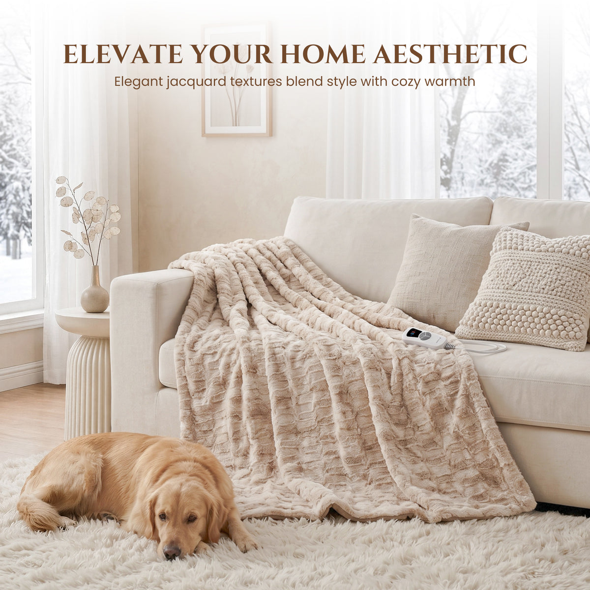 MARNUR Heated Blanket Electric Throw Extra Large Size 50"x72", Soft Faux Fur Heated Throw with 6 Heating Levels 4 Hours Timer Machine Washable, Khaki