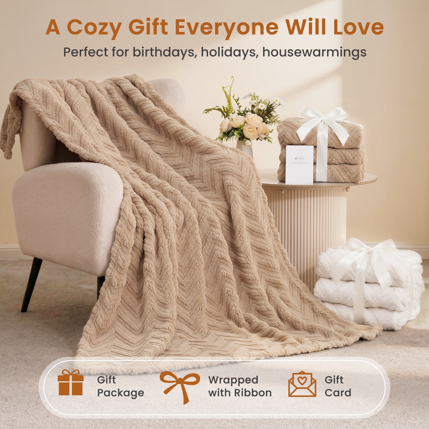 MARNUR Extra Large Throw Blanket 50"x 70", Soft Lightweight Jacquard 340GSM Sherpa Fleece Blanket, Cozy Throw Blanket for Couch, Office, Car, Travel, Light Brown
