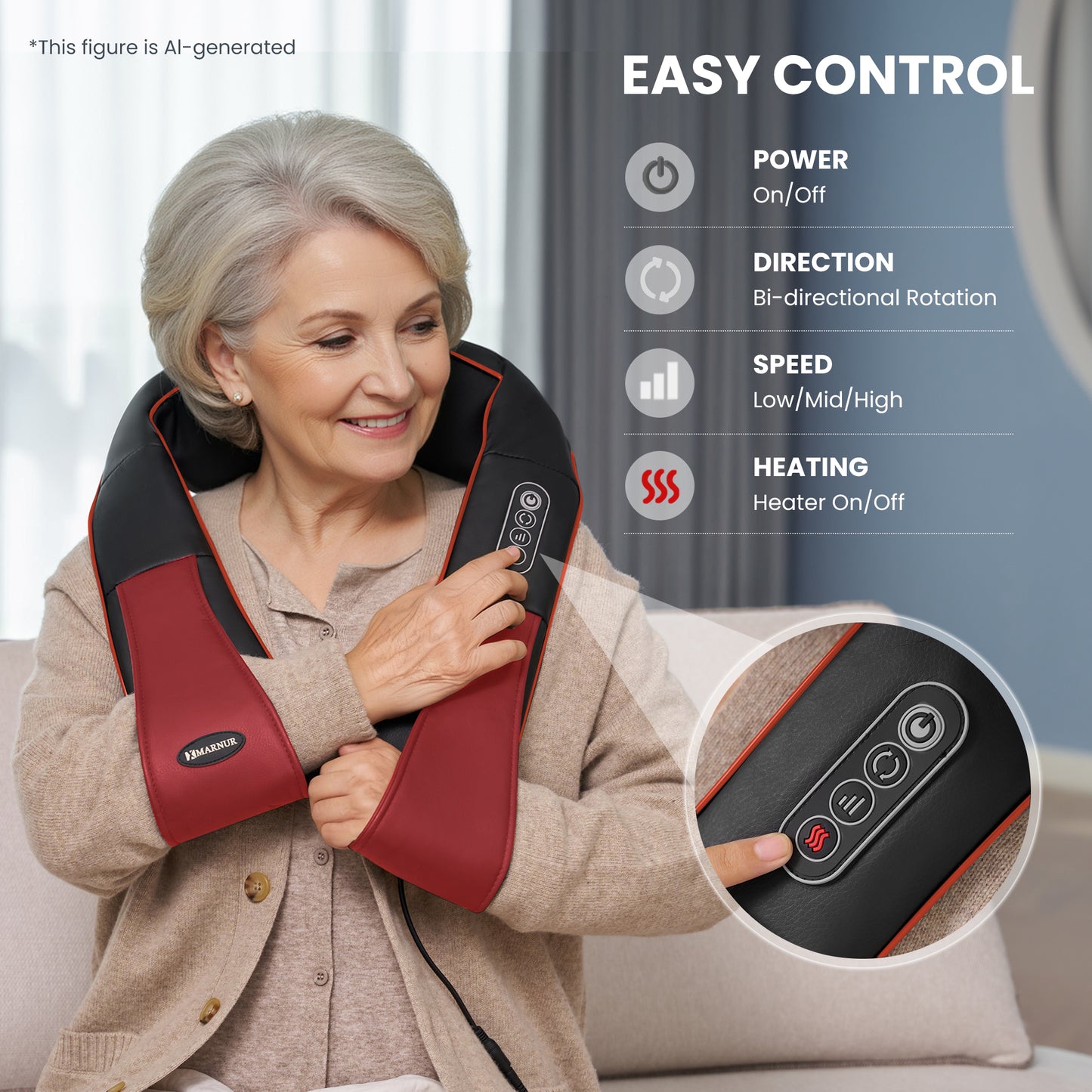 MARNUR Neck and Shoulder Massager, 3D Deep Tissue Kneading Shiatsu Massager with Heat, Red