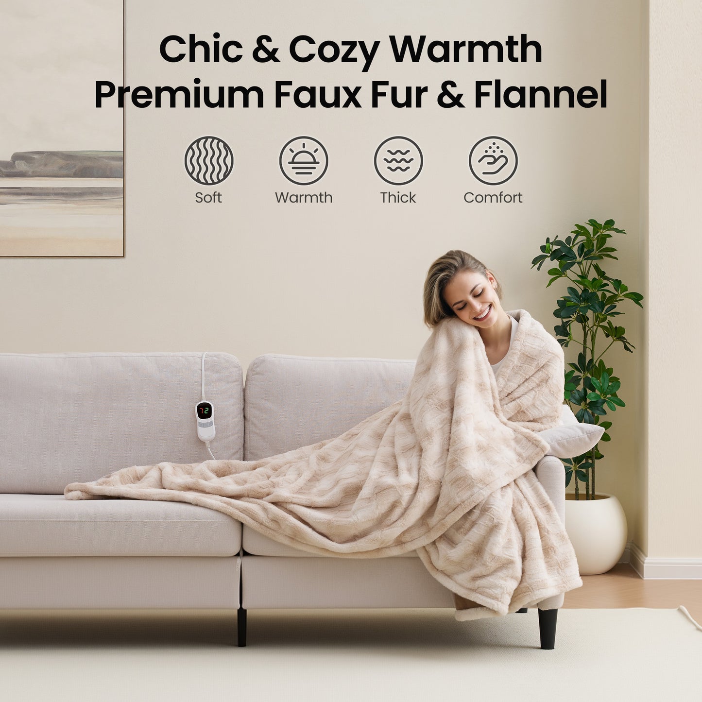 MARNUR Electric Throw Blanket Extra Large Size 50"x72", Soft Faux Fur, 10 Heating Levels, 4 Hours Timer Machine Washable, Khaki