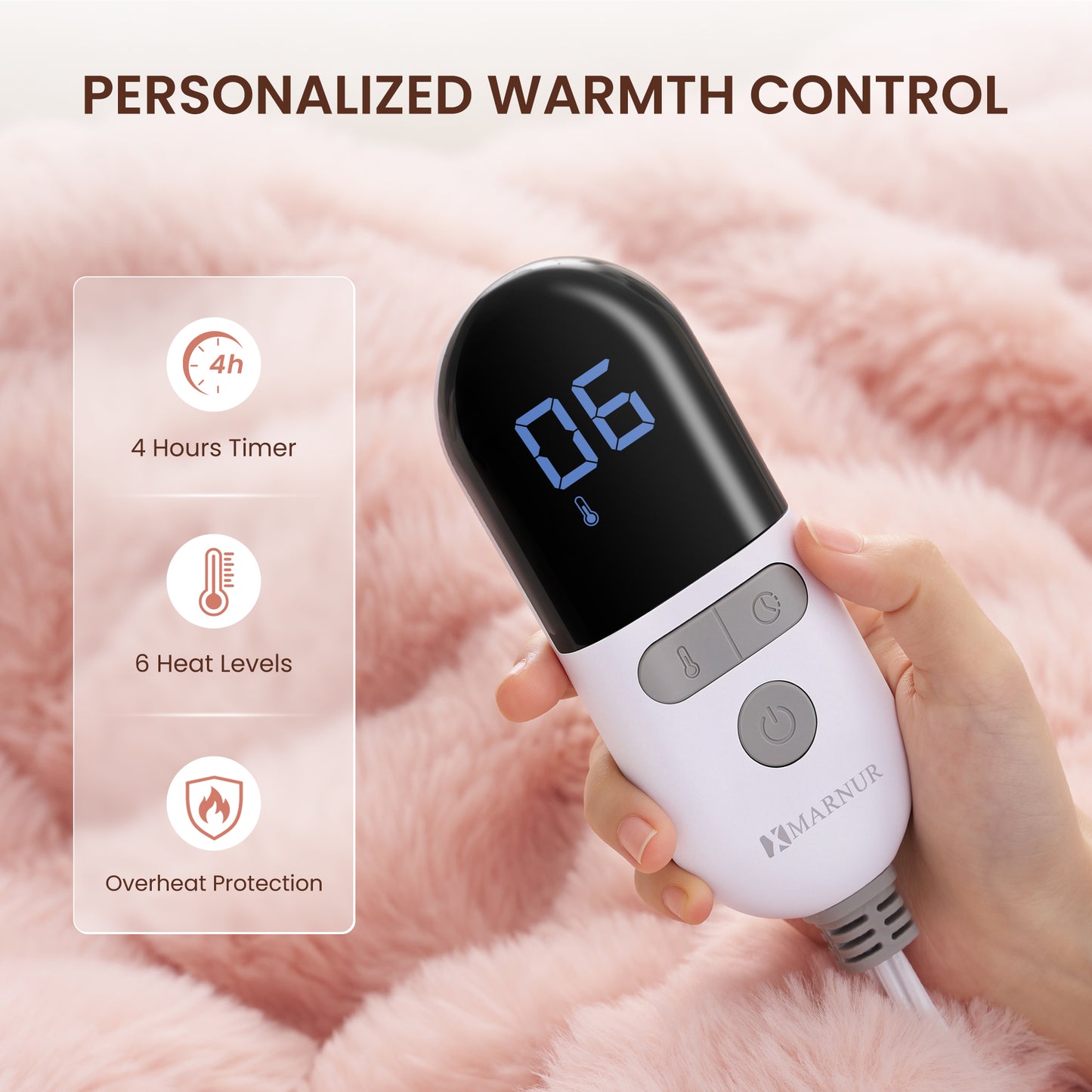 MARNUR Electric Throw Blanket 50"x60", Faux Fur Heated Throw, 6 Heating Levels, 4 Hours Timer - Pink