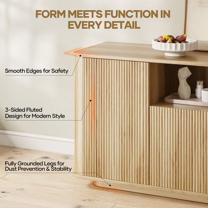 MARNUR Fluted TV Stand for TVs up to 65", 55" Modern Media Console with 3-Sided Fluted Design, Push-to-Open Doors for Living Room, Oak