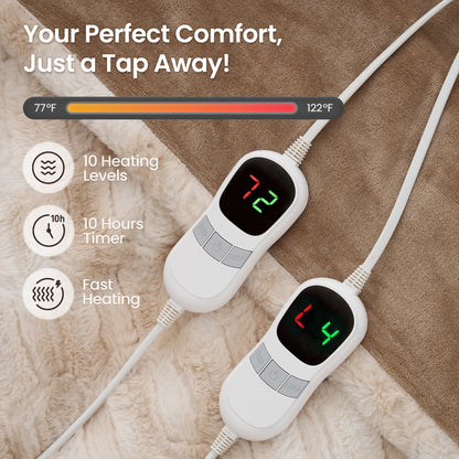 MARNUR Electric Blanket Faux Fur King Size 90"x100", Fast Heating with Dual Controllers,10 Heating Levels, 10 Hours Timer, Khaki