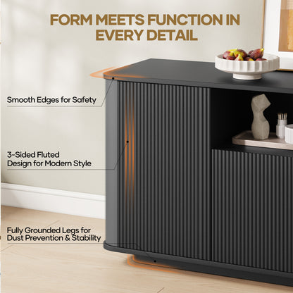 MARNUR Fluted TV Stand for TVs up to 65", 55" Modern Media Console with 3-Sided Fluted Design, Push-to-Open Doors for Living Room, Black