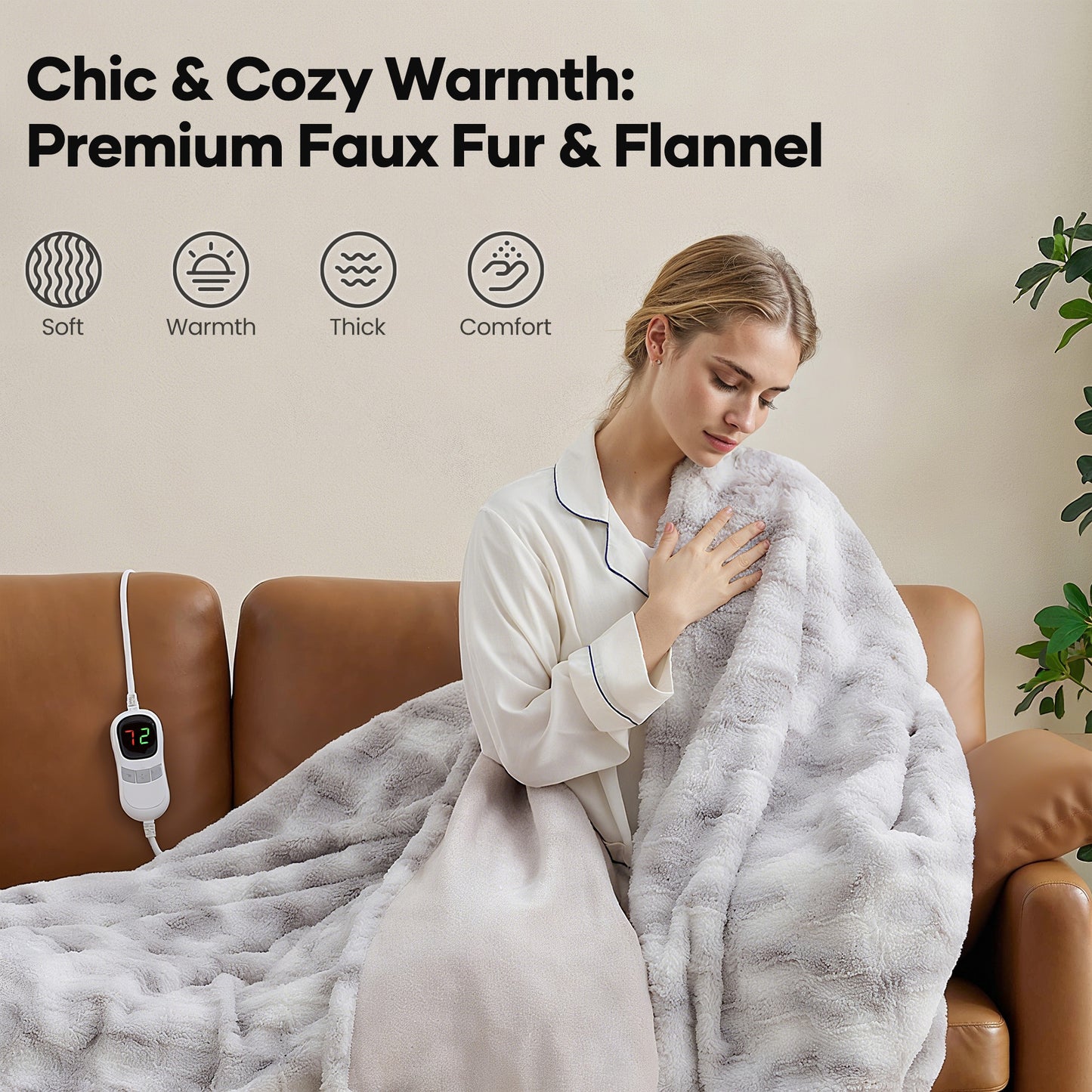 MARNUR Electric Throw Blanket Extra Large Size 50"x72", Soft Faux Fur Heated Throw,10 Heating Levels, 4 Hours Timer, Machine Washable, Gray