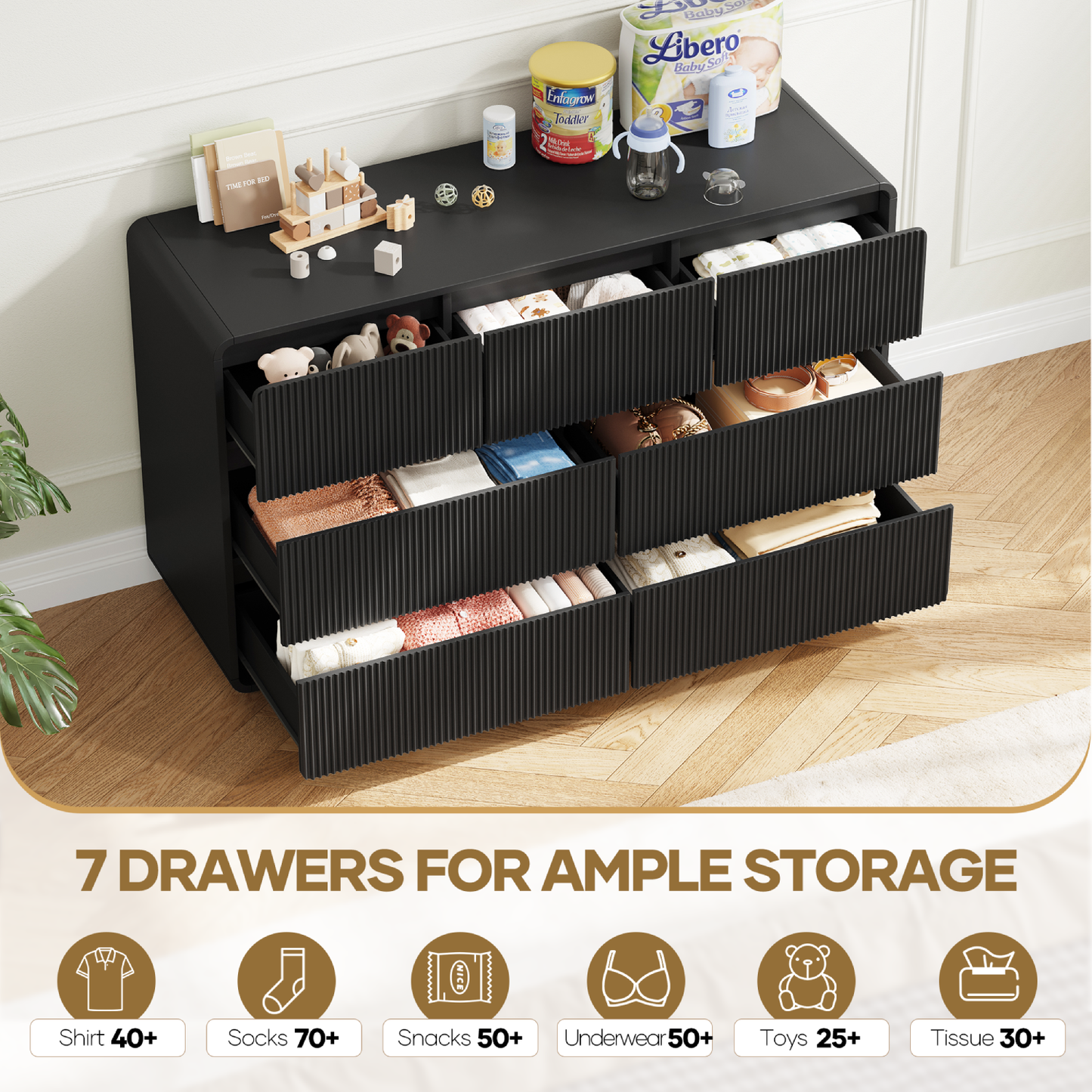 MARNUR 7 Drawer Dresser for Bedroom, Wooden Chest of Drawers for Closet, with Wide Top, Smooth Glides, for Living Room, Hallway, Kids Room, Black