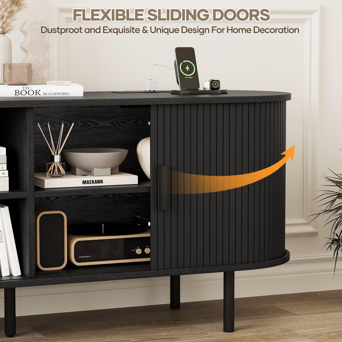 MARNUR 55" TV Stand for 60" TV, Wood Entertainment Center with Storage and Shelves, 2 Sliding Tambour Doors, Mid-Century Modern, Black