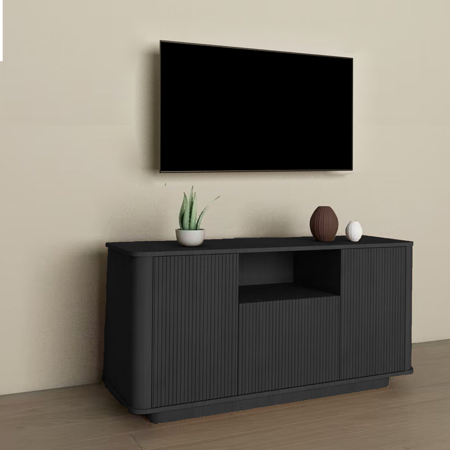 MARNUR Fluted TV Stand for 60" TV, Wood Entertainment Center for Living Room, Mid-Century, Black