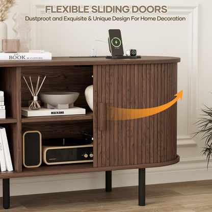 MARNUR 55" TV Stand for 60" TV, Wood Entertainment Center with Storage and Shelves, 2 Sliding Tambour Doors, Mid-Century Modern