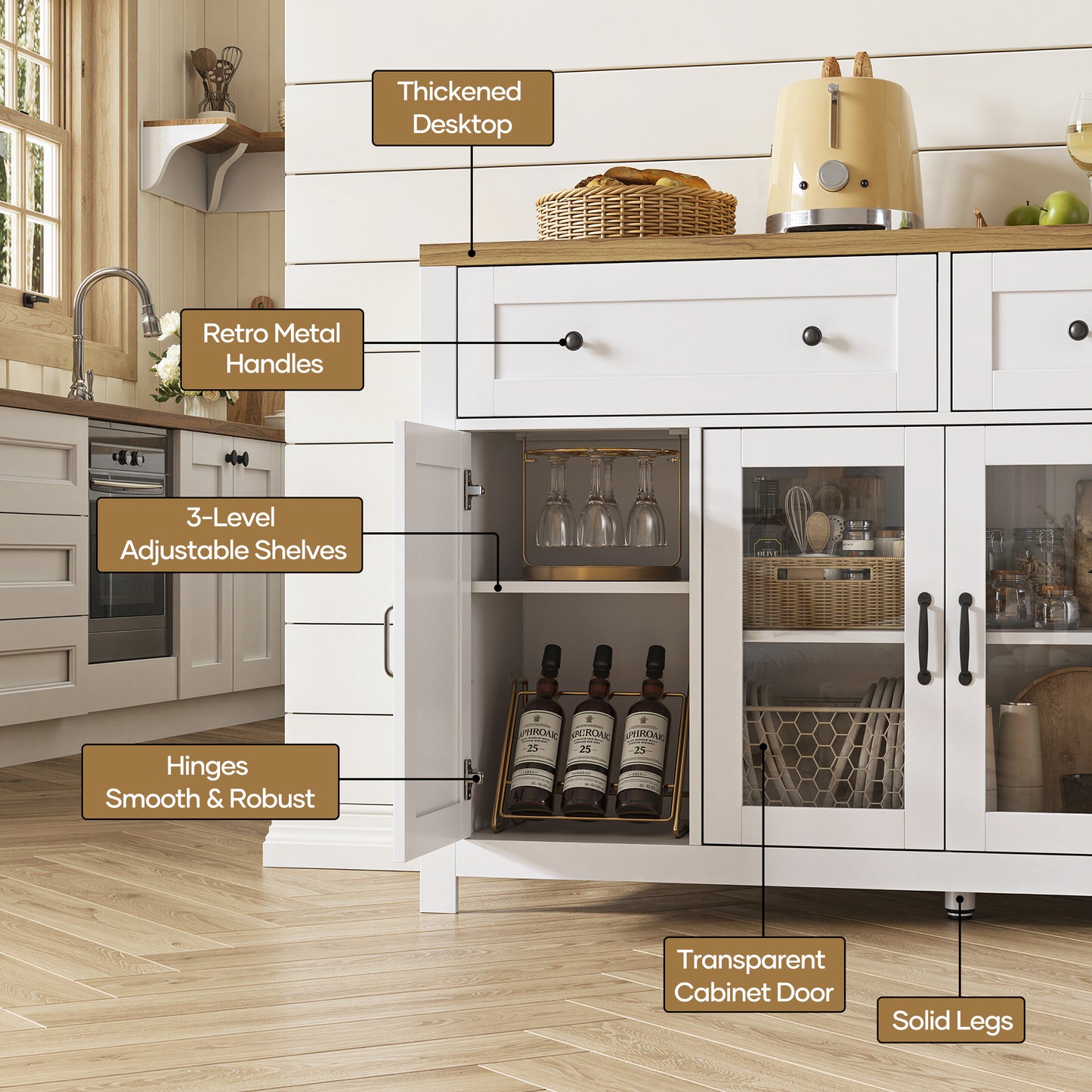 MARNUR Sideboard Buffet Cabinet Farmhouse Style, 55" Storage Cabinet with 2 Drawers 4 Doors, Adjustable Shelves for Kitchen Office Bedroom Hallway Entryway, Oak & White