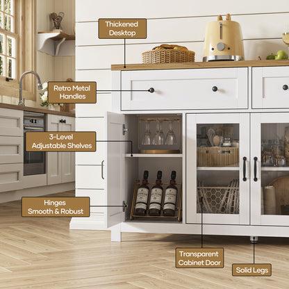 MARNUR Sideboard Buffet Cabinet Farmhouse Style, 55" Storage Cabinet with 2 Drawers 4 Doors, Adjustable Shelves for Kitchen Office Bedroom Hallway Entryway, Oak & White