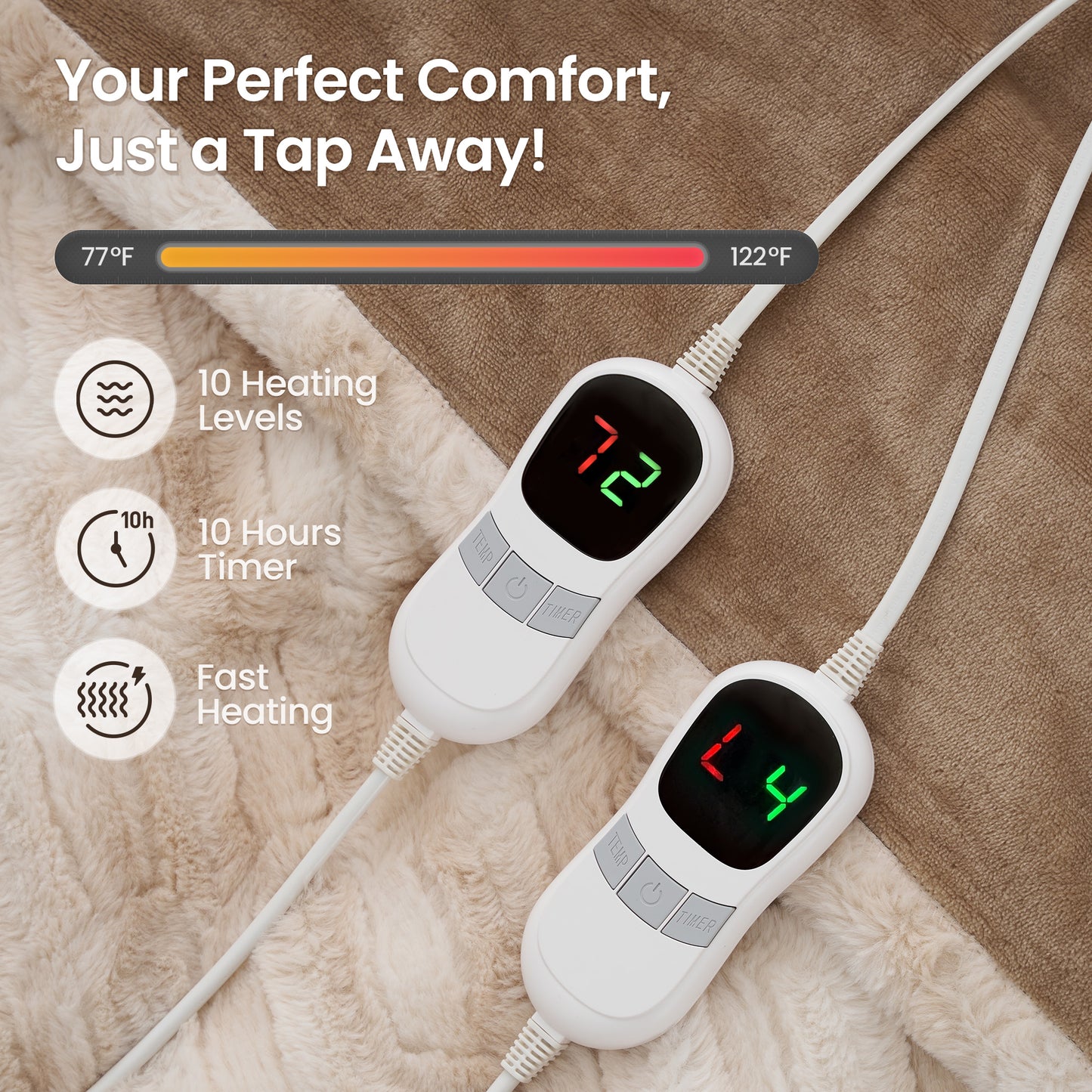 MARNUR Electric Blanket Faux Fur Queen Size 84"x90",Fast Heating with Dual Controllers,10 Heating Levels, 10 Hours Timer, Khaki