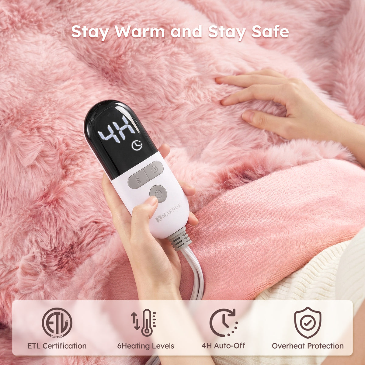 MARNUR Heated Blanket Bubble Fleece Electric Throw with 4H Timer 6 Heating Levels 50"×60", Long Faux Fur and Soft Flannel for Couch Bed, Machine Washable, Tie-Dye Pink