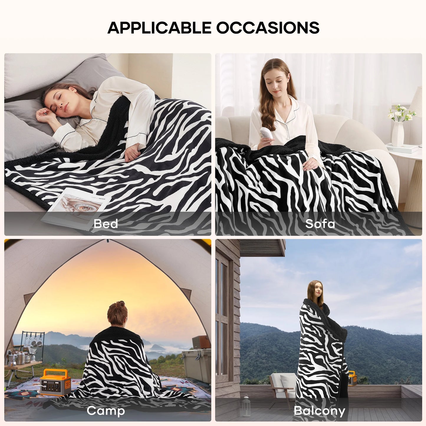 MARNUR Electric Throw Blanket 50" x 60", Soft Flannel, Large LED Display, 6 Heating Levels, 4 Hours Timer, Zebra Pattern