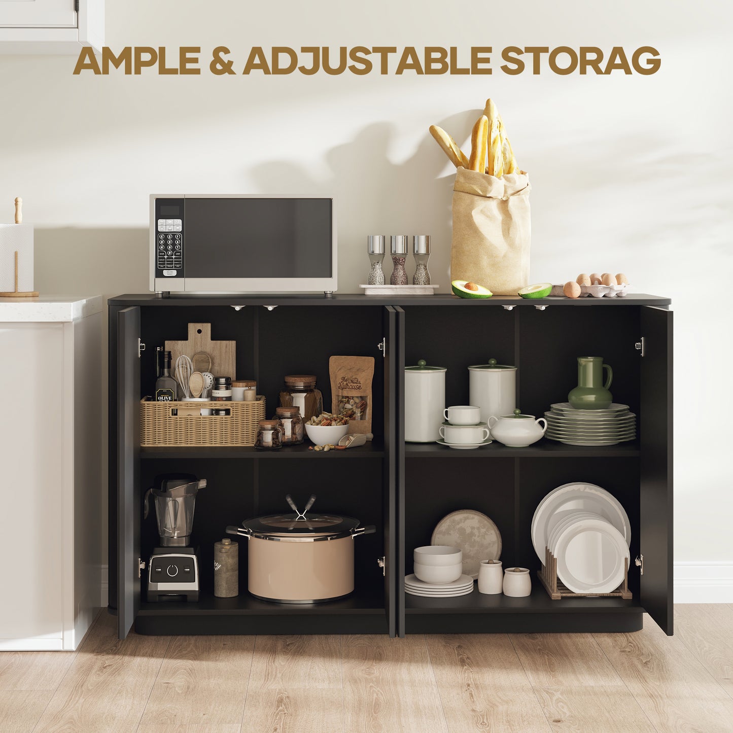 MARNUR Sideboard Buffet Cabinet, Storage Cabinet 55"W with Adjustable Shelves, Anti-Tip, Easy Clean Top, Stylish Wave Style, Black