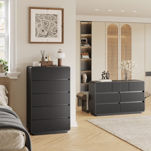 MARNUR 5 Drawer Dresser for Bedroom, 84lbs Heavy-Duty Chest of Drawers with Fluted Wave Design, Curved Tall Dresser with Anti-Tip Strap & Silent Slides, Extra Large Storage Dresser , Black